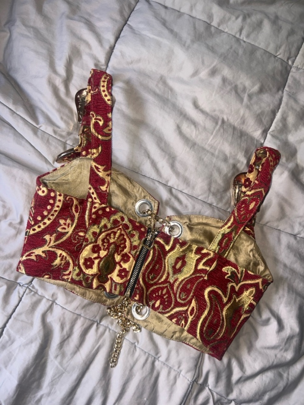 Red and gold fabric material Lace-Up Crop Top with Gold Chain Detail AND skirt - Picture 5 of 12